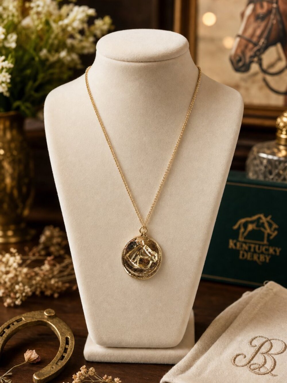 Gold Horse Medallion Necklace, Equestrian Pendant Necklace, Horse Lover Jewelry,
